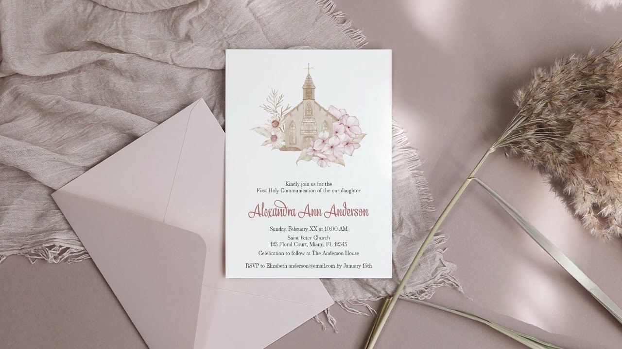 First Communion Invitation Template Church Floral Baptism Invite Card