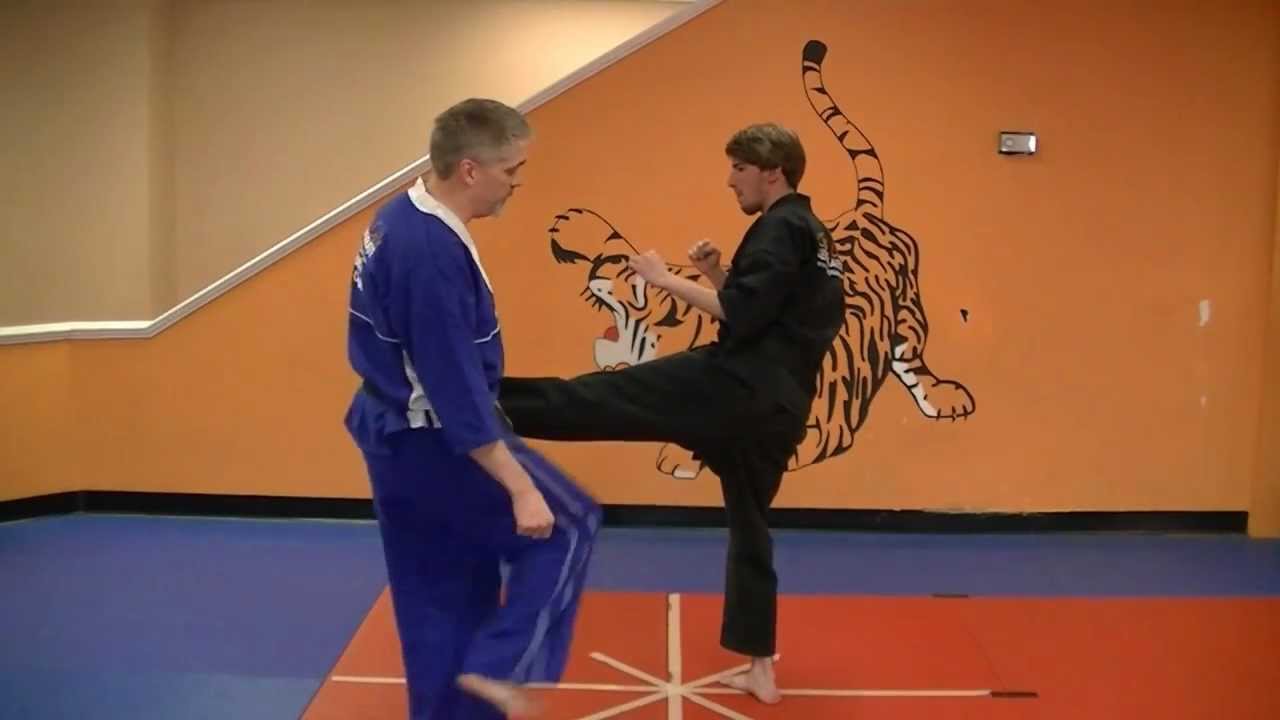 Buckling Branch - Kenpo self defense technique for a left front kick to break the leg