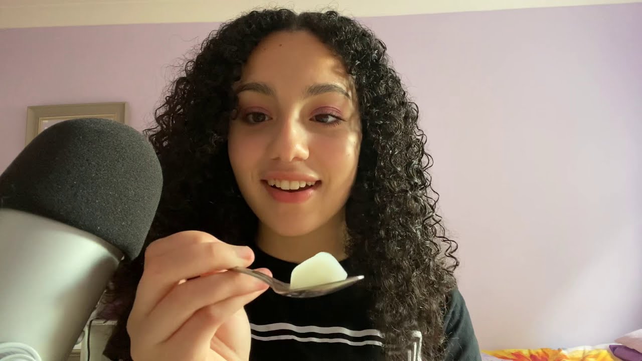 ASMR eating a watermelon ice lolly and a lychee pudding.