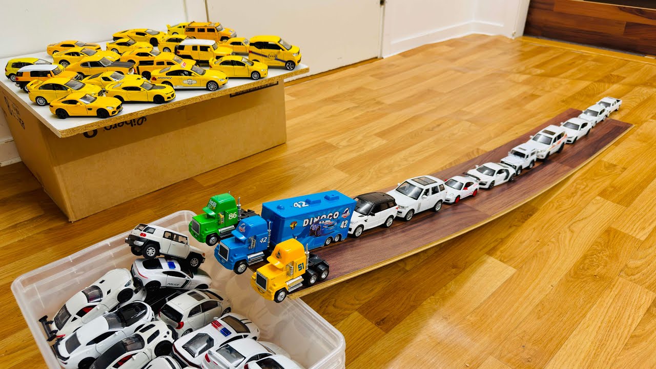 White Toy Cars Sliding Down Fast On The Slope - Video For Toddlers