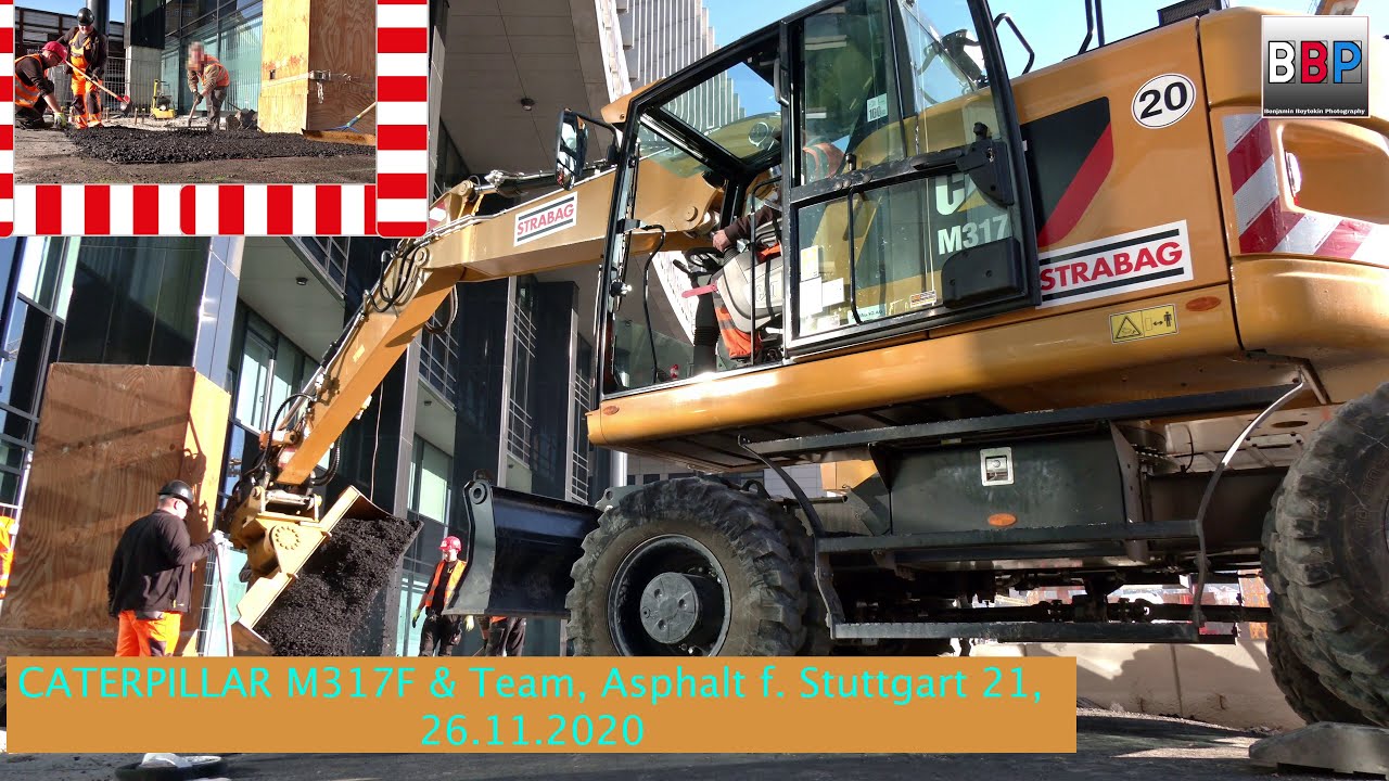 Stuttgart 21: CAT M317F & Team, Gehweg asphaltieren / Paving Sidewalk, 26.11.2020.