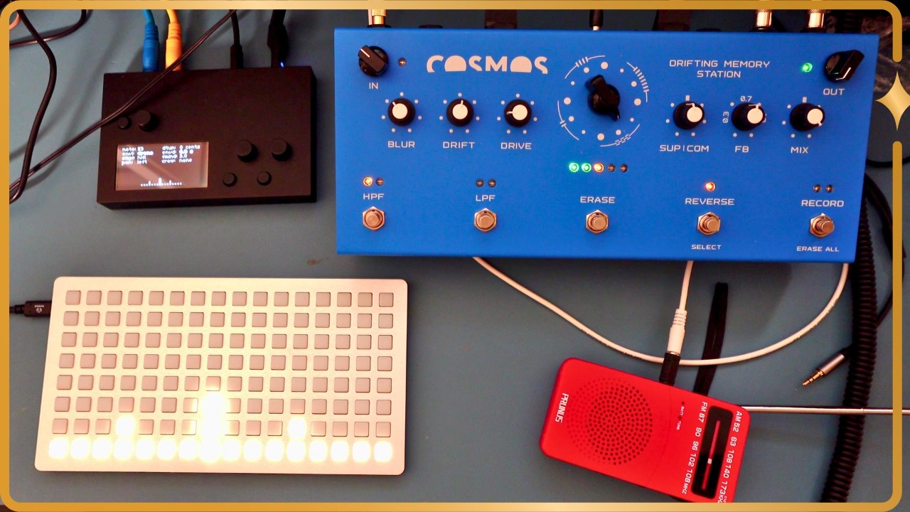 Ambient jam with Monome Norns ('sines' script), Fm Radio, and Soma Cosmos