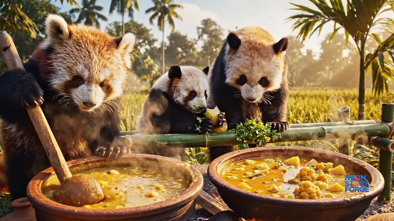 Sweet Red Pandas Preparing Classic Samosas and Mint Chutney in a Keralan Hamlet