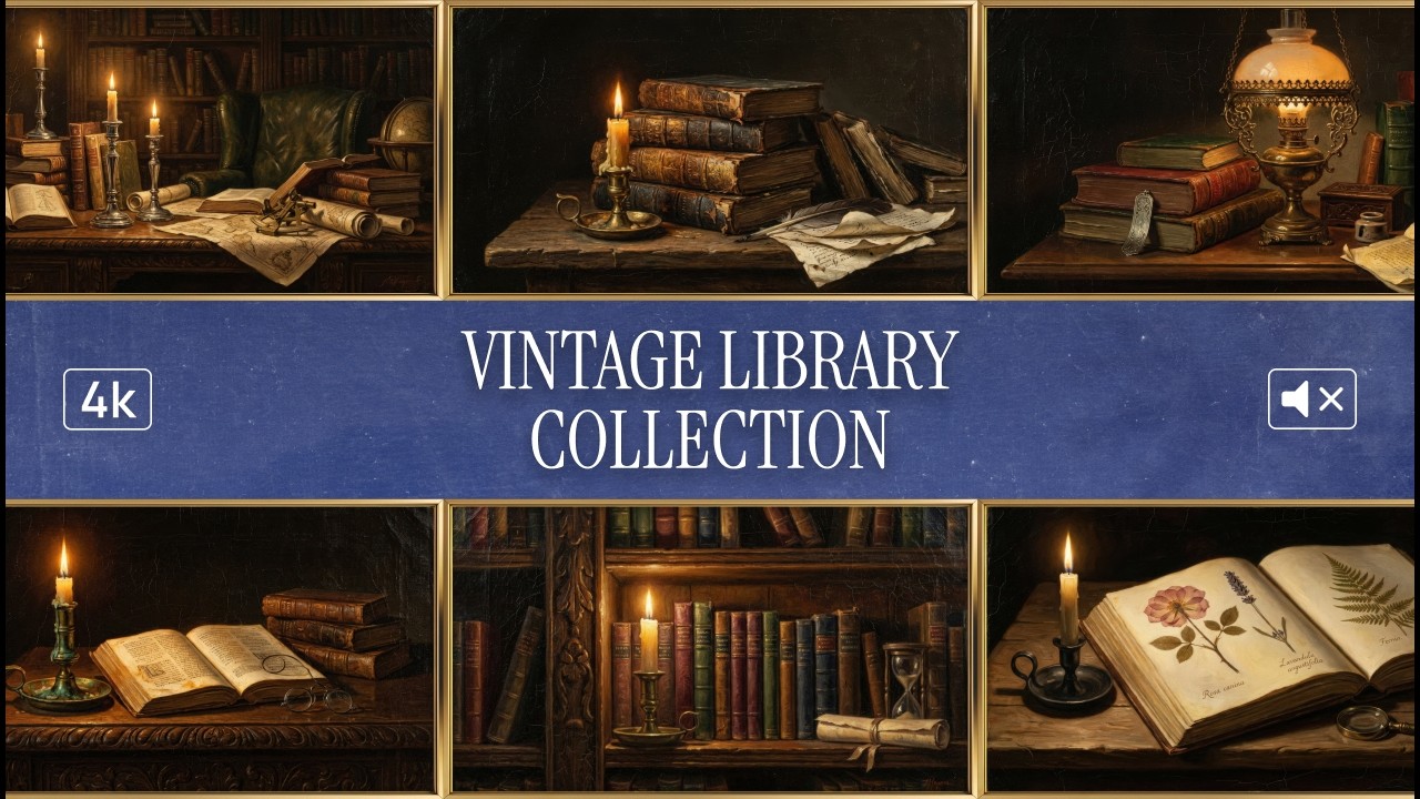 Vintage Library – Midnight Study | 4K Frame TV Art | No Music