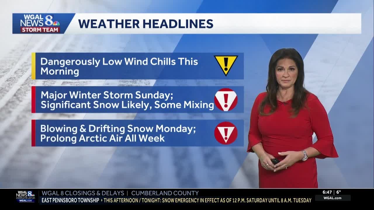Dangerous wind chills early, followed by a winter storm Sunday for south-central PA
