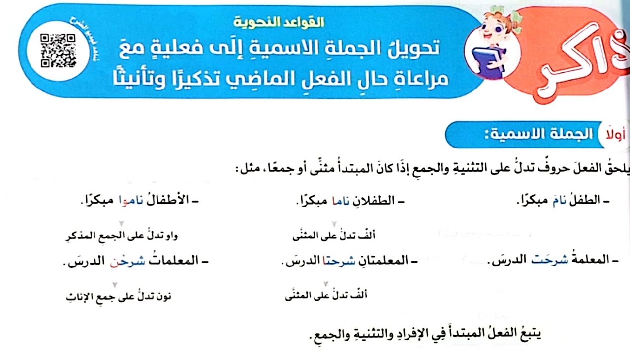 شرح درس(تحويل الجملةالاسميةإلى فعلية مع مراعاة حال الفعل الماضي تذكيرًا وتأنيثًا)وحل تدريبات الأضواء