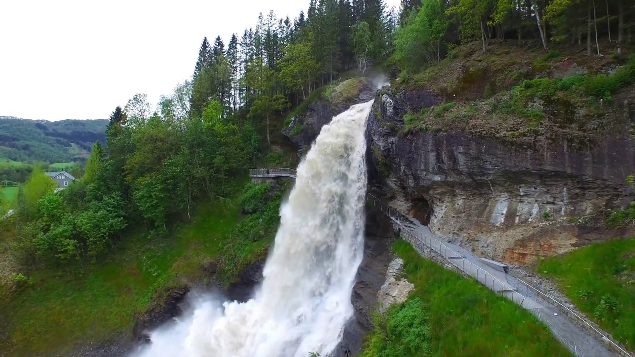 Drone - Steinsdalsfossen waterfall in Norway 4K