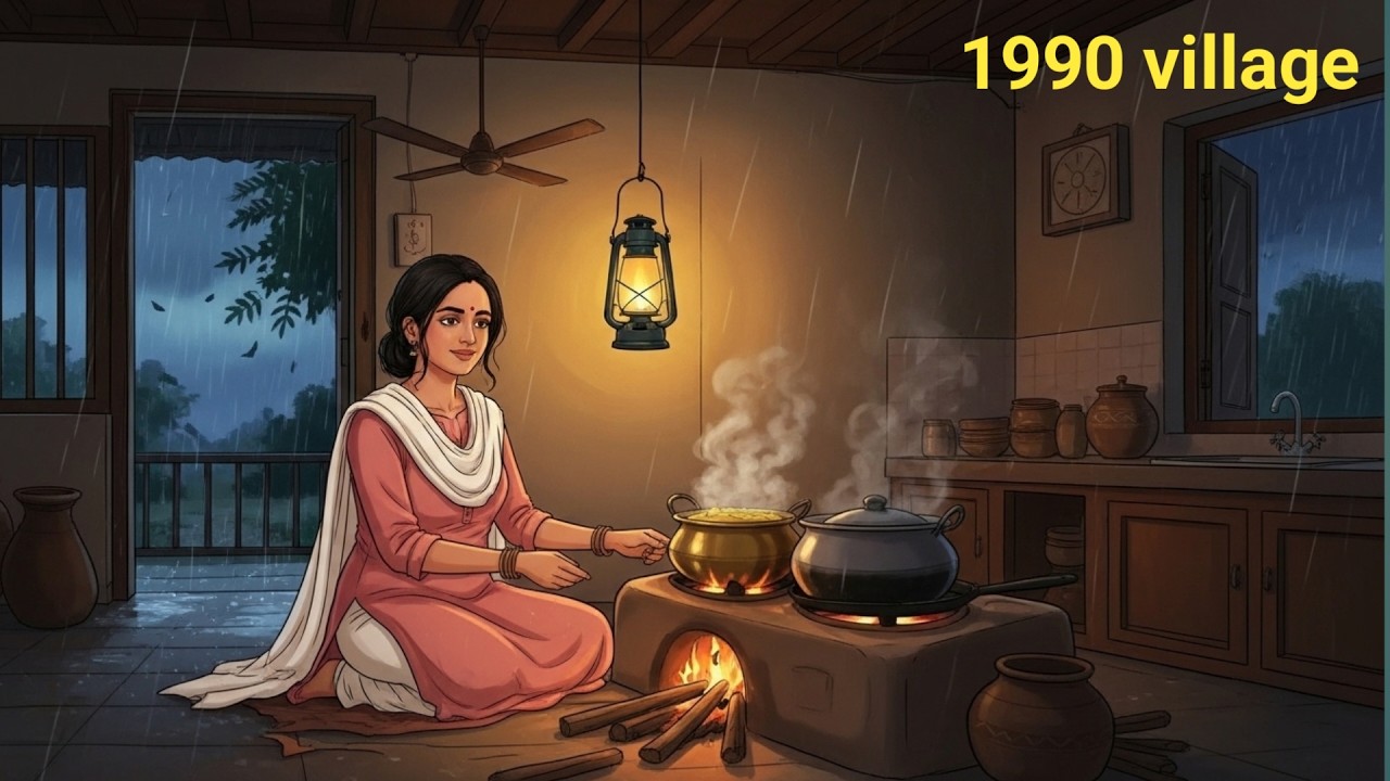 Rainy Night in a 1990 Village | Cozy Family Dinner Under Lantern Light | Ghibli Style ASMR
