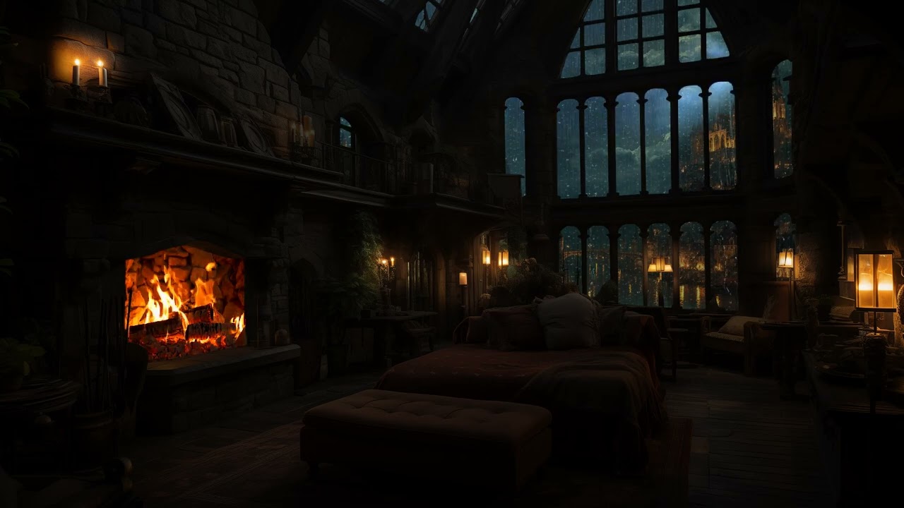 Night Rain Surrounding a Castle 🏰 Fireplace Warmth and Stone Echoes for Deep Sleep