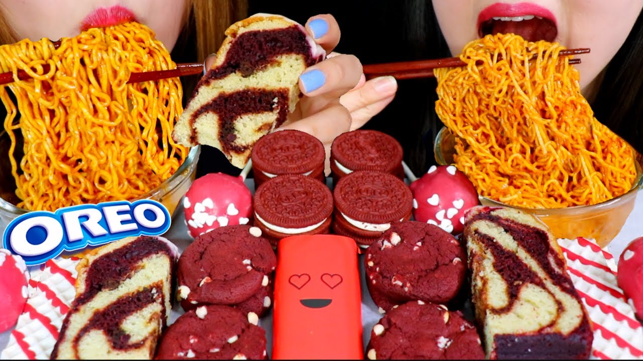 ASMR RED VELVET CAKE POPS, SPICY FIRE NOODLES, OREOS, COOKIES, CHOCOLATE BAR 불닭 볶음면 먹방