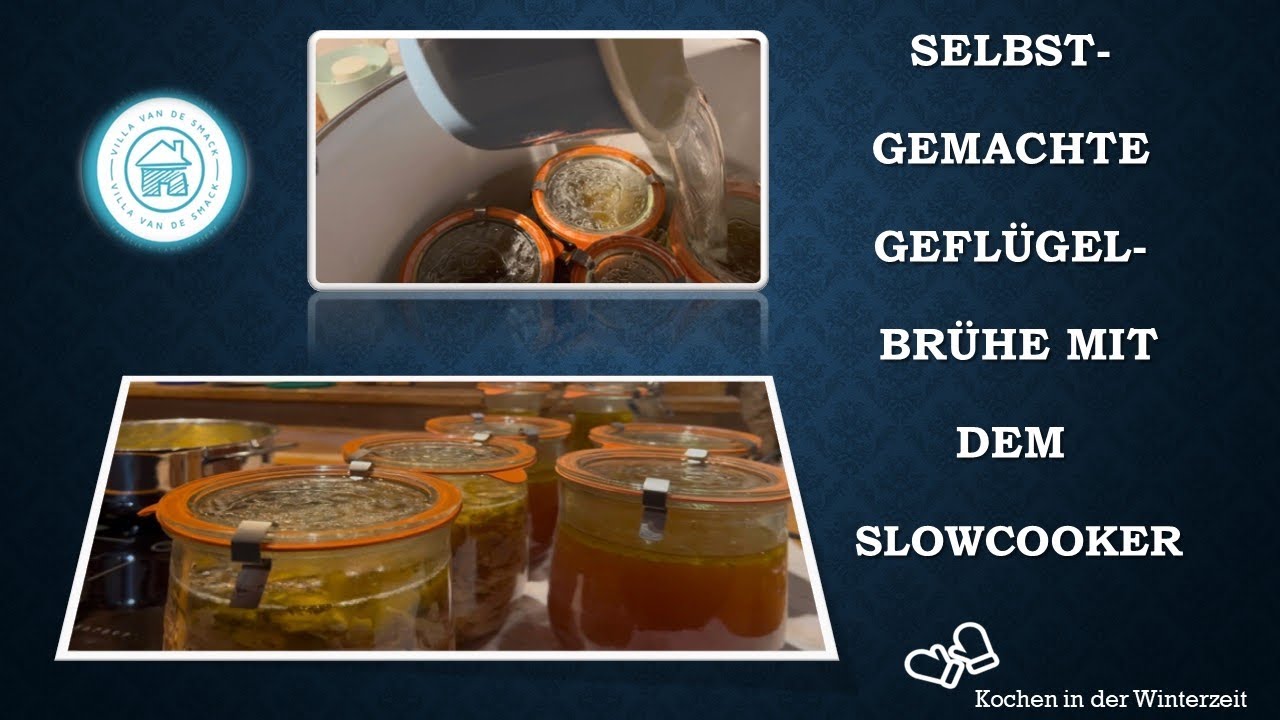 Selbstgemachte und eingekochte Hühnerkraftbrühe