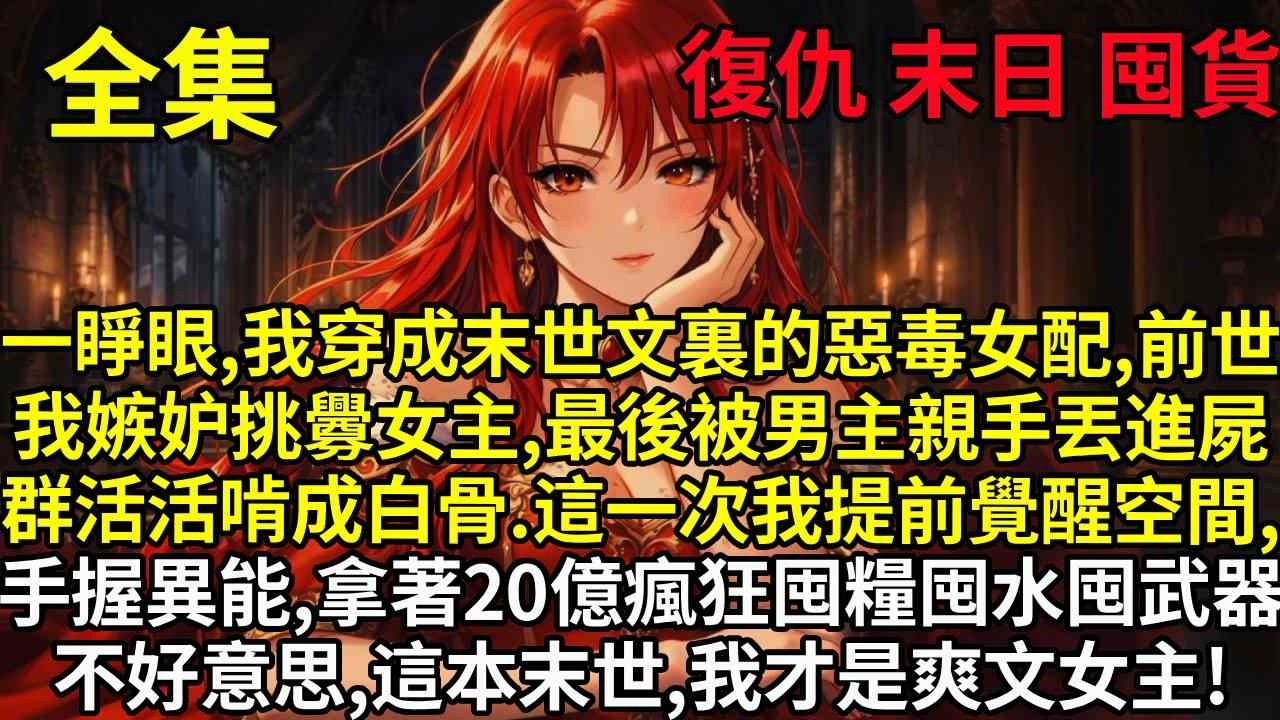 一睜眼，我穿成末世文裏的惡毒女配，前世我嫉妒挑釁女主，最後被男主親手丟進屍群活活啃成白骨。這一次我提前覺醒空間，手握異能，拿著20億瘋狂囤糧囤水囤武器。不好意思，這本末世，我才是爽文女主！