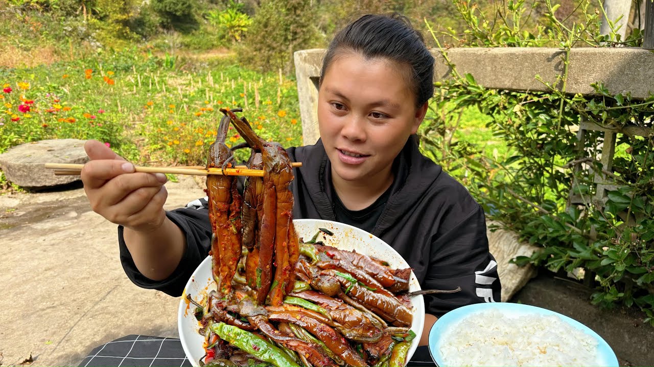 今天摘了很多茄子和辣椒，配着猪肉一起炒也太好吃了 Today had delicious eggplants and chili peppers