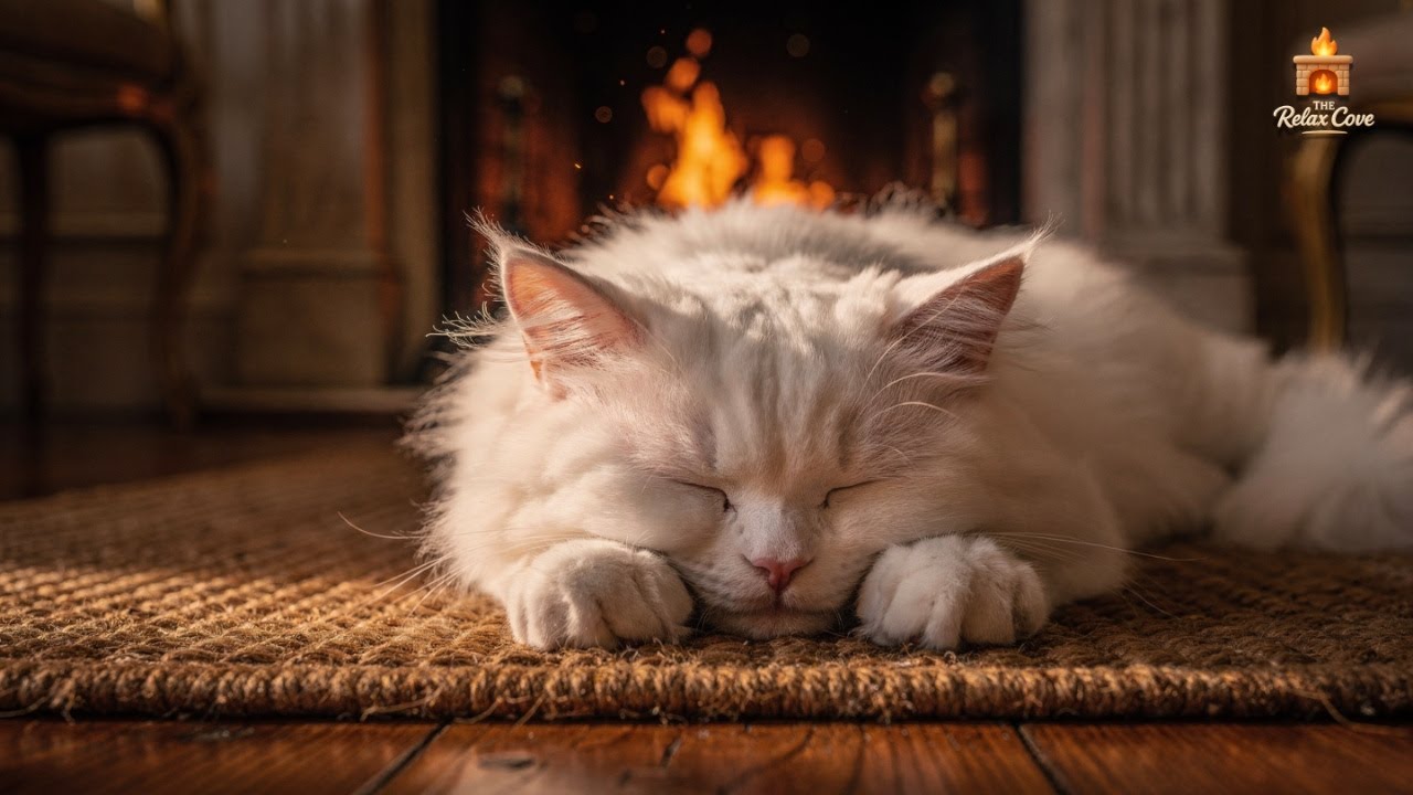 Cat Purring by Warm Fire | 10 Hours of Peaceful Sleep Sound #sleep #fireplace #calm