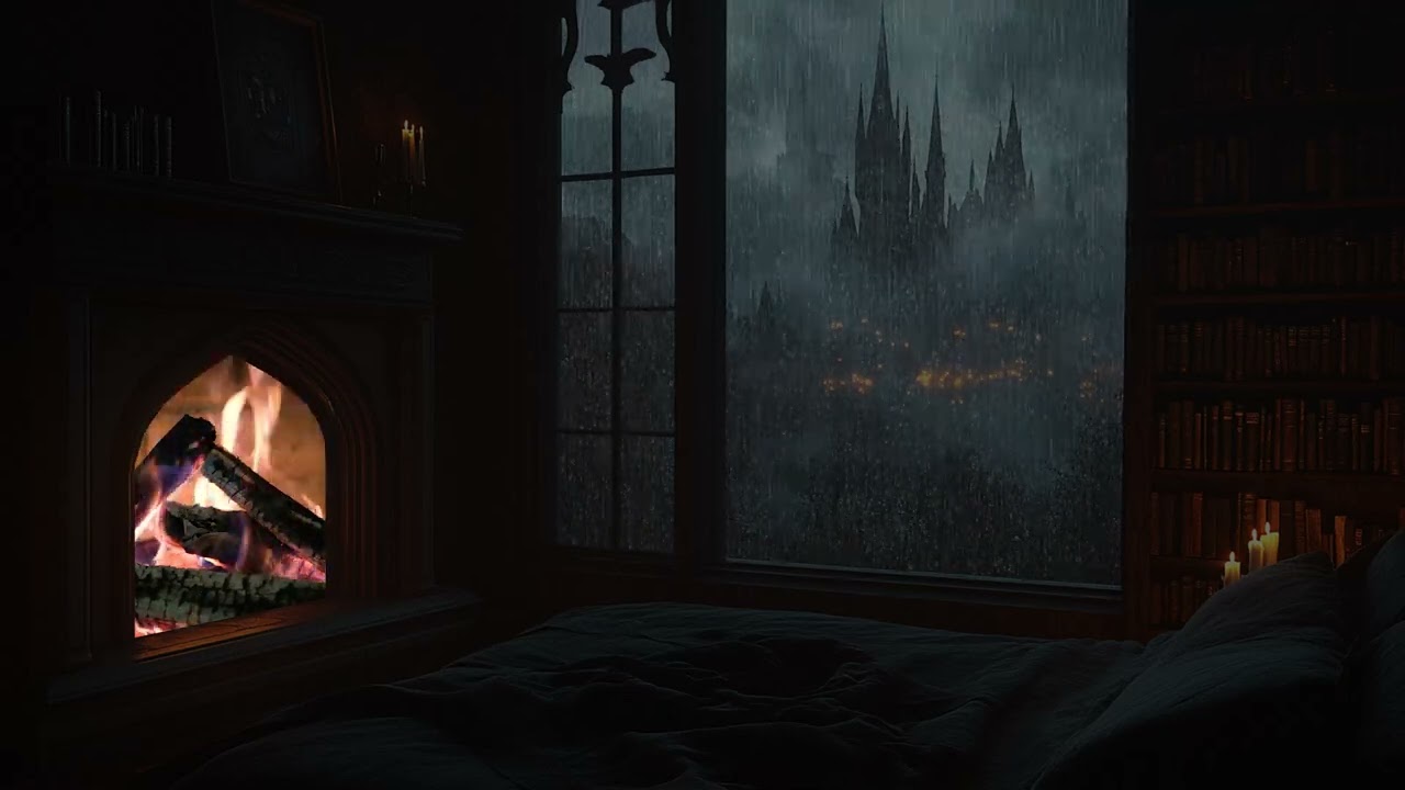 Wind and Rain Over the Silent Castle | Warm Firelit Bedroom Retreat | Peaceful Dark Night Ambience
