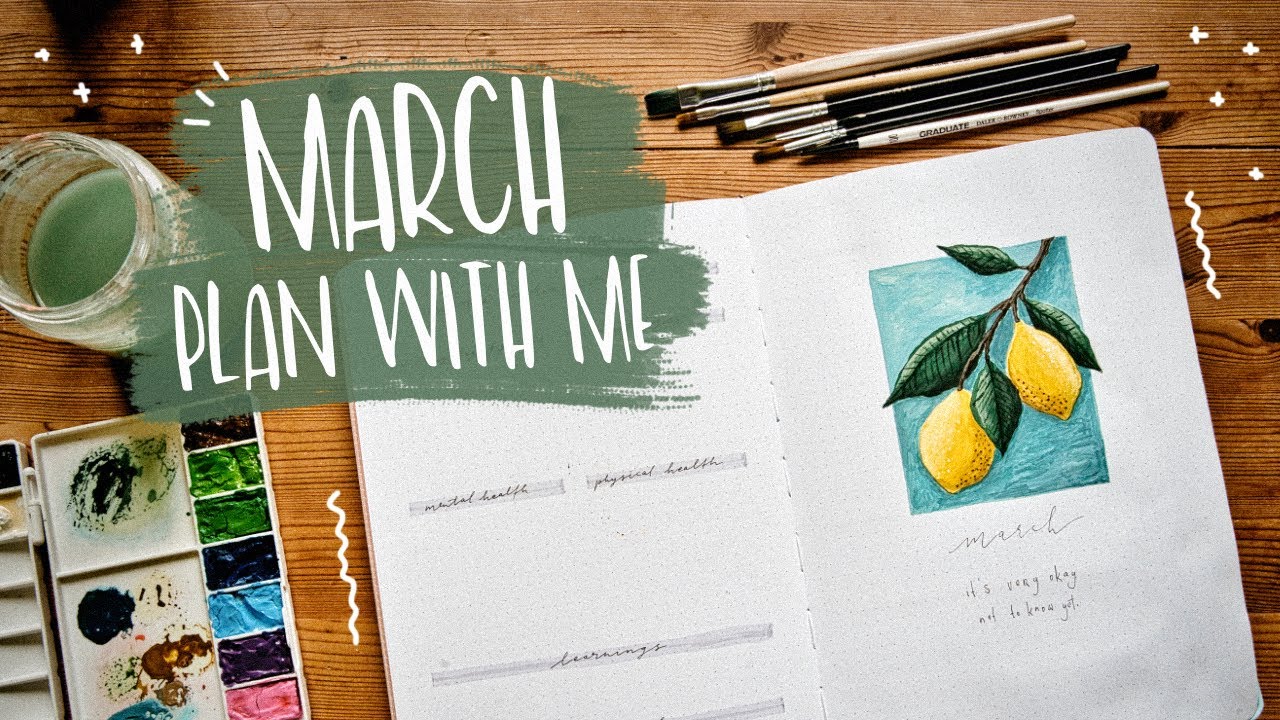 March Bullet Journal Set Up 2023 | theme planning + lemon gouache painting + (mental) health tracker