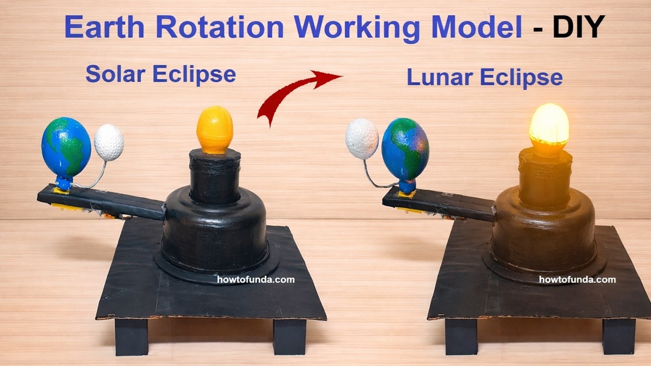 earth rotation working model and earth revolution project model(sun,earth and moon) | howtofunda