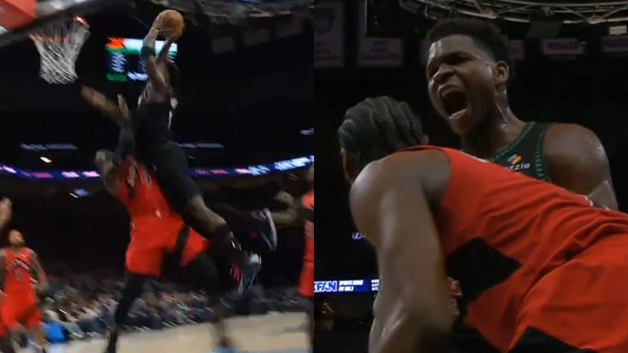 Anthony Edwards INSANE POSTER DUNK on RJ Barrett and screams in his face 😳