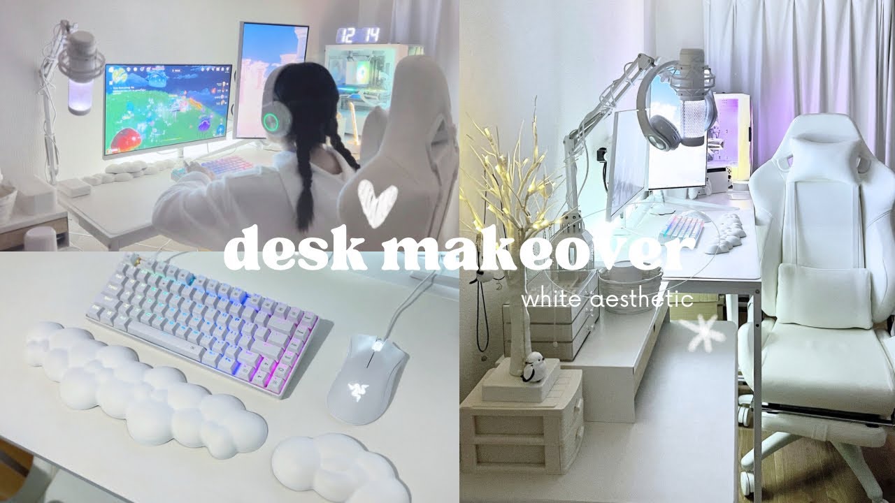 Desk setup makeover ☁️ all-WHITE aesthetics tour + game vlog