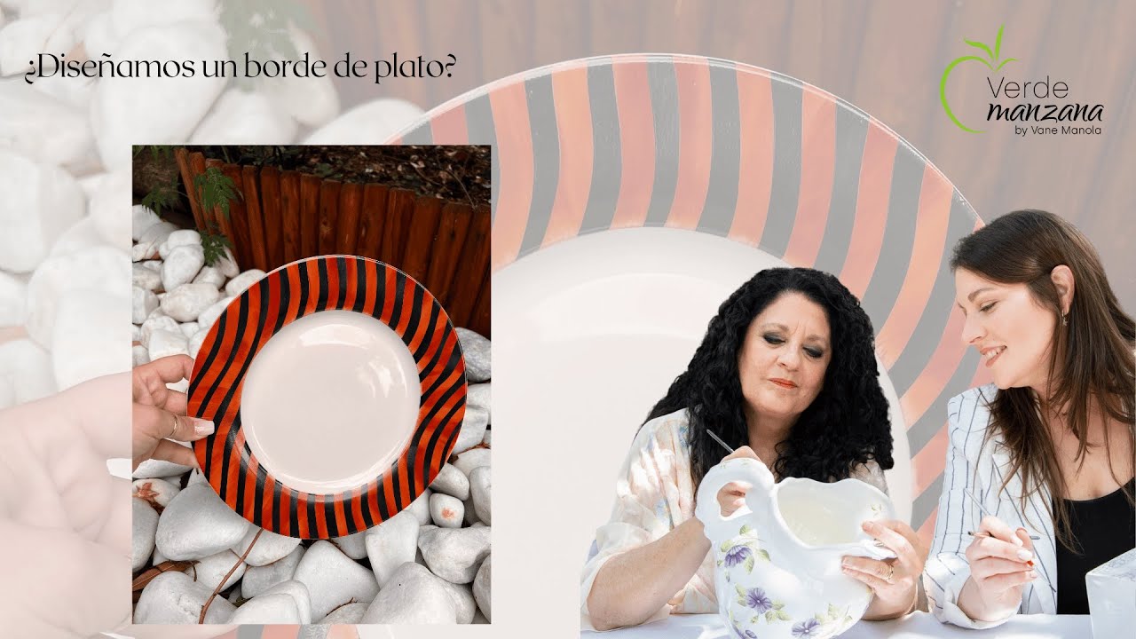Pintar porcelana - Pintamos un borde de plato rayado.