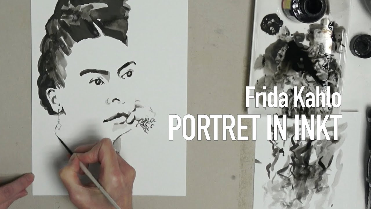 Portret FRIDA KAHLO AT HOME in OOST-INDISCHE INKT| Instructie en  time-lapse video |Beika ART