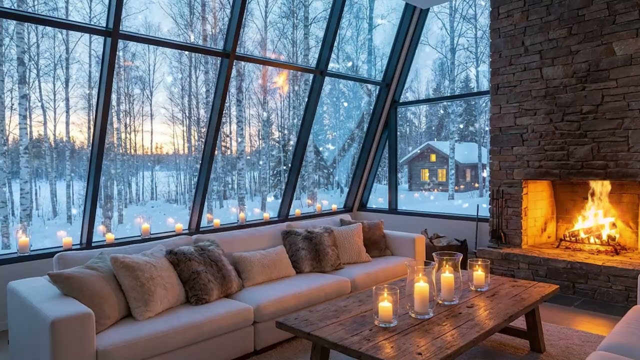 Snowfall Piano Nights — drifting snow, distant wind, soft night keys and warm fire glow for calm