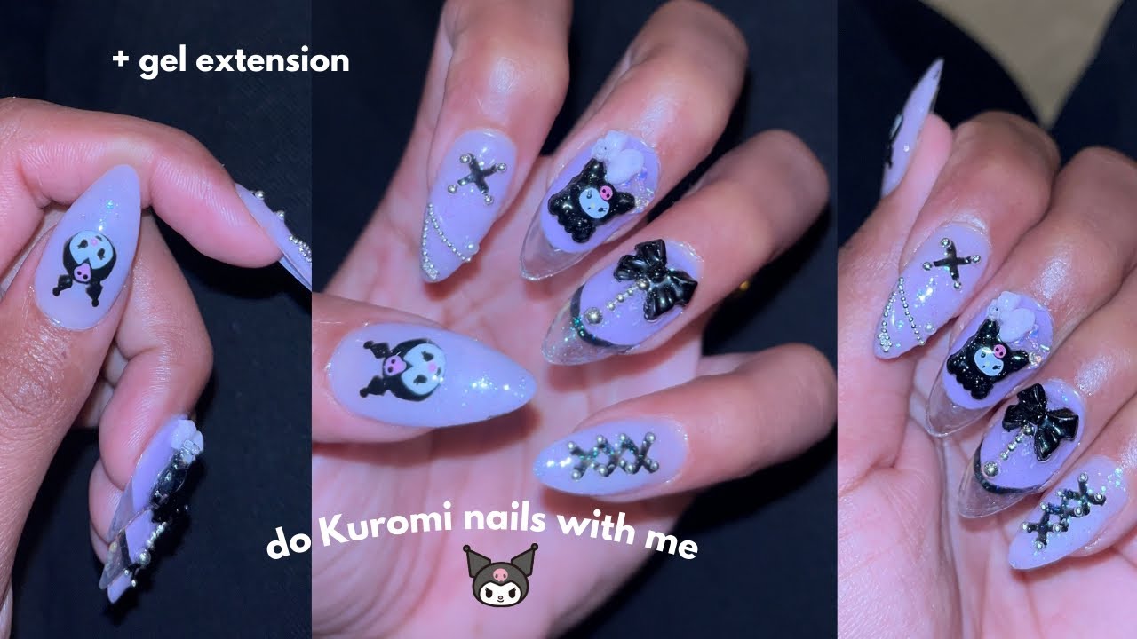 do kuromi 💜🖤 nails with me 🎀✨+ gel extension | nail asmr...  #nails #gelextension #gelnails