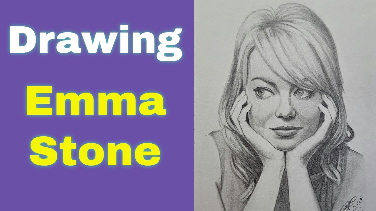 Freehand drawing of Emma Stone, using graphite pencils.