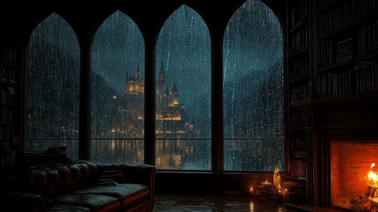 Fall Into Sleep Instantly (No Ads) • Stop Overthinking • Rainy Night in a Castle Library