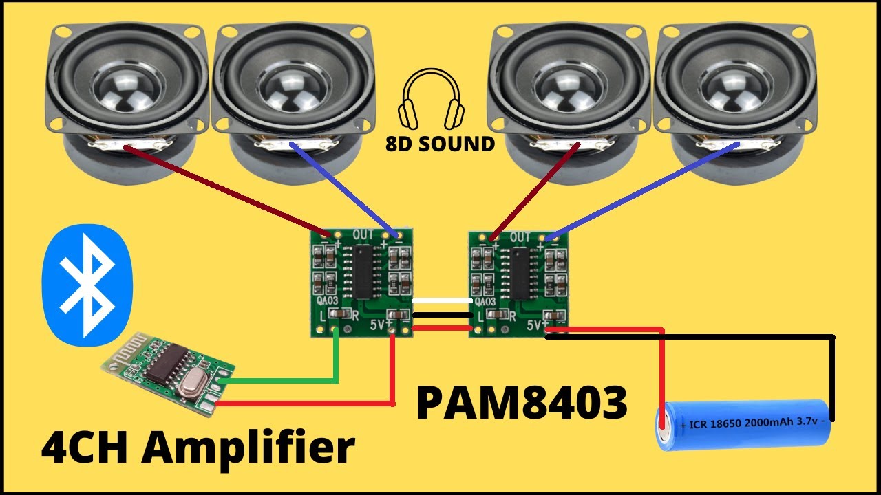 How to connect 4 speakers to a one bluetooth module//PAM8403//8D Sound