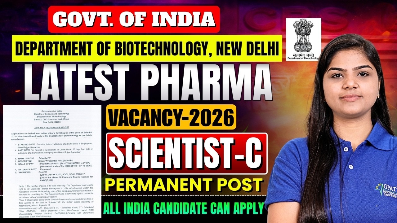 Department of Biotechnology Scientist C Recruitment 2026 | Pharma Govt Job | New Delhi