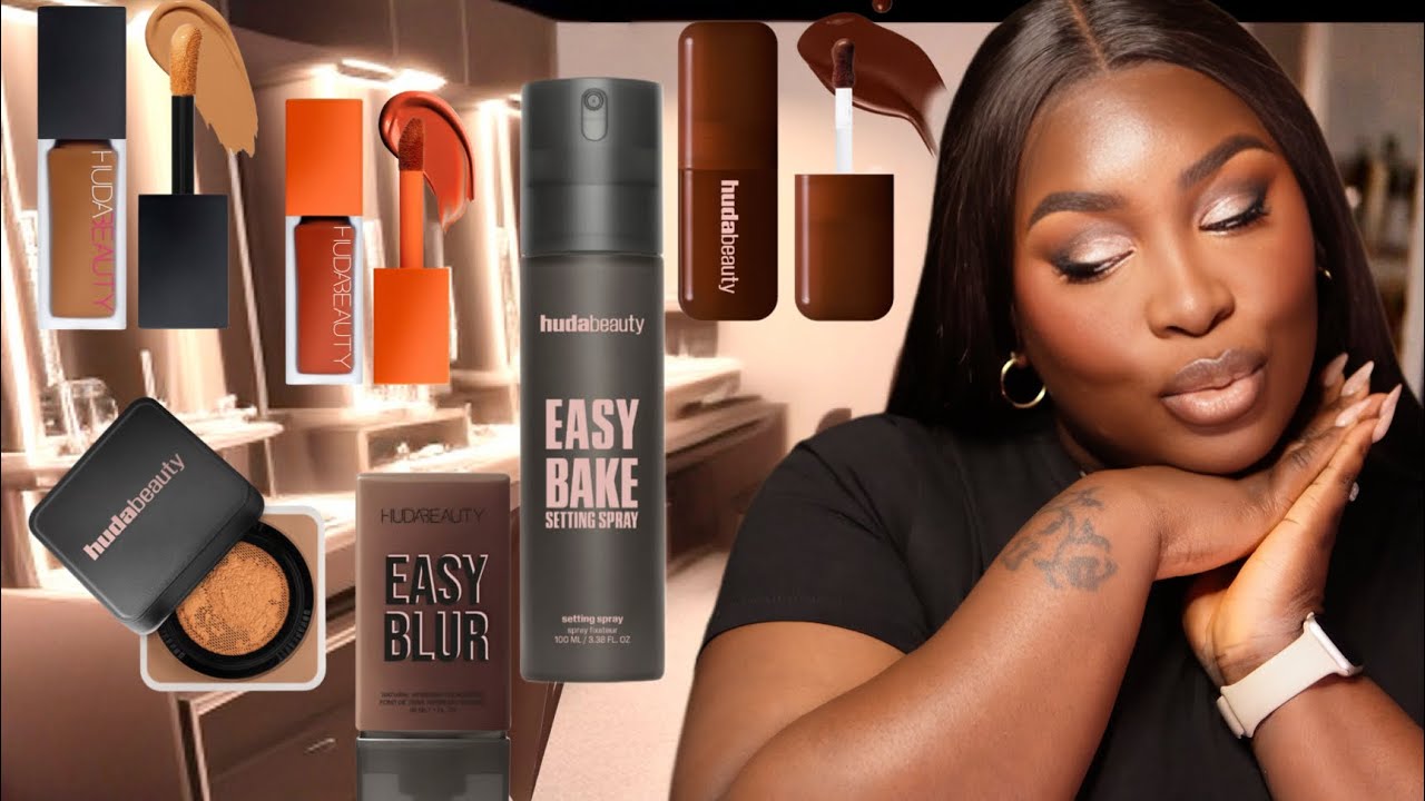 Full Face of Huda Beauty Products featuring the NEW Easy Bake Setting Spray with 16-Hour Wear!