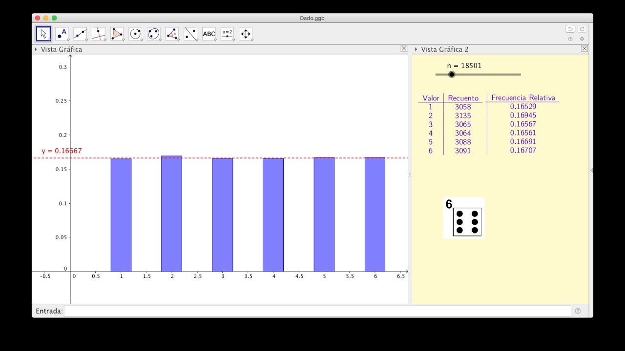 Simulación de múltiples lanzamientos de un dado con GeoGebra