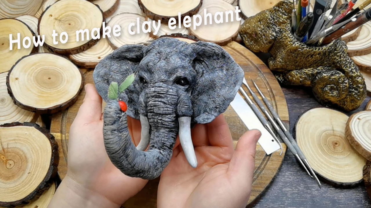 Handmade Elephant Wall Hanging on Wood SlicePolymer Clay Elephant Decoration | ZX Bloom