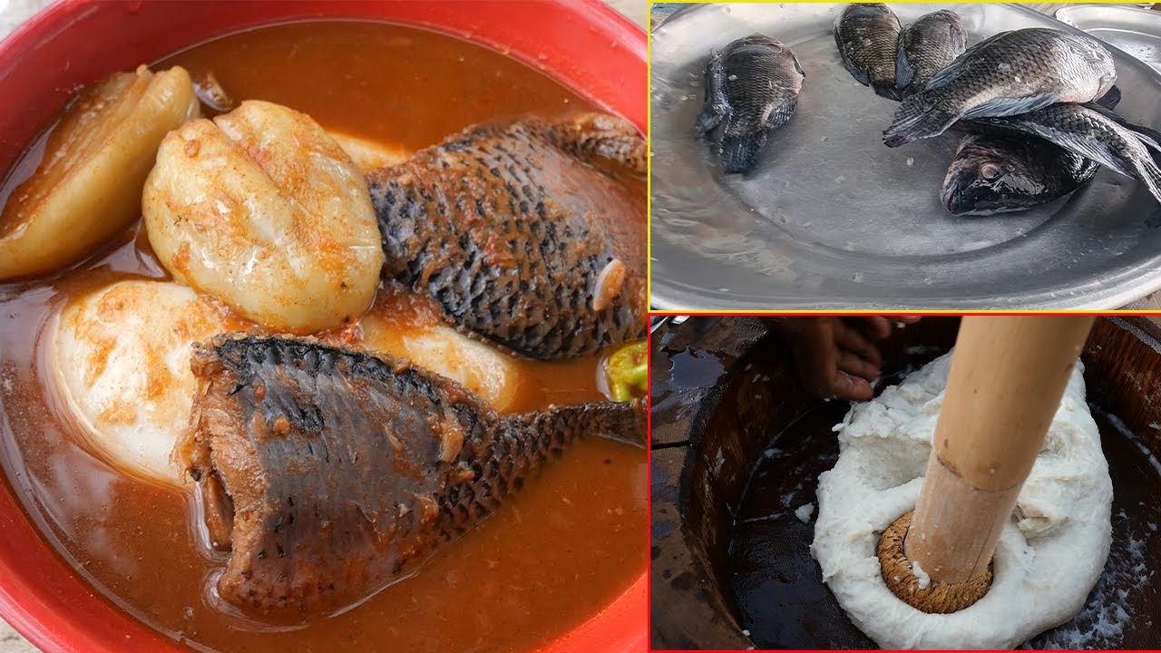 Ultimate Local food !! Pounded yam with fresh tilapia soup from VOLTA REGION !! Akpa detsi