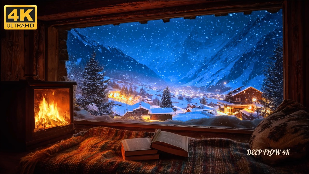 🔥 4K Fireplace Ambience ❄️ Heavy Snowfall Mountain Cabin Night – Instantly Relax
