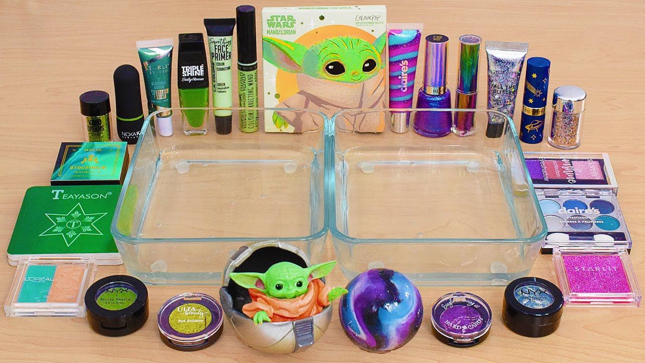 Baby Yoda vs Galaxy - Mixing Makeup Eyeshadow Into Satisfying Slime ASMR