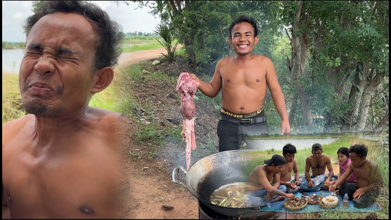 Goat Innards with Prahok sauce look very delicious-Amazing cooking and eating in countryside