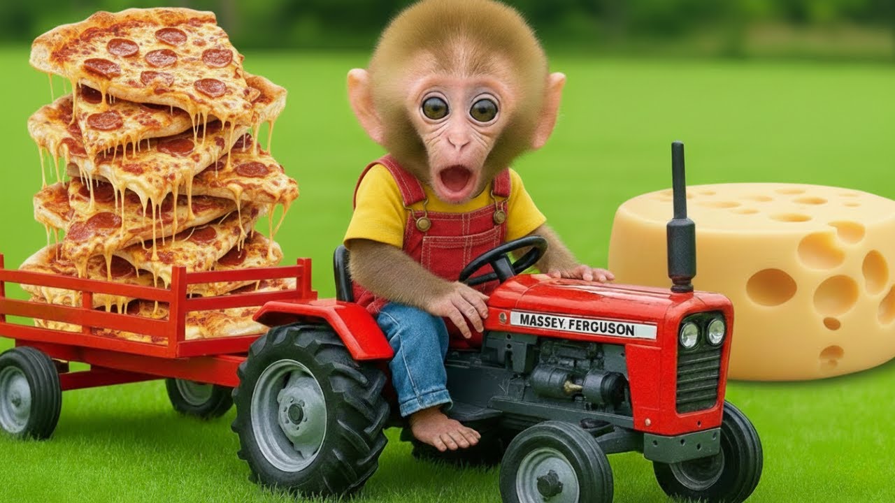 Cute Little Chef Monkey Baking a Big Cheesy Pizza in a Fun, Colorful Kitchen Adventure for Kids