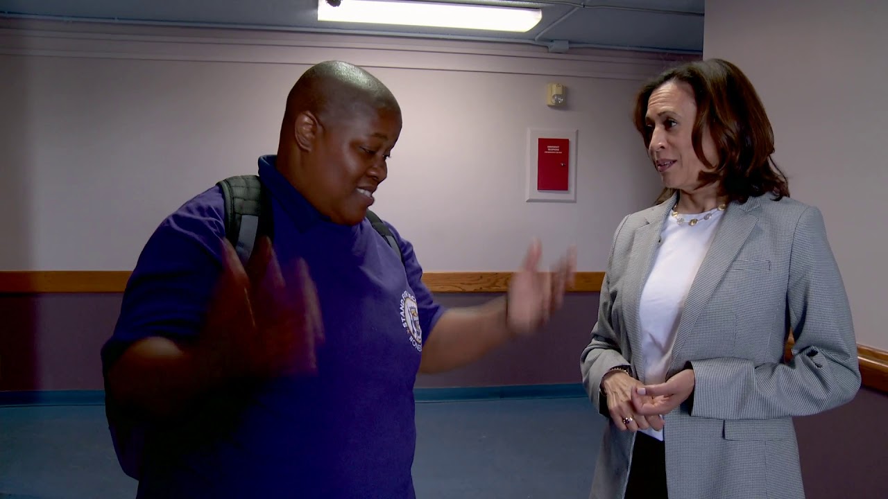 Kamala Harris walks a day in the shoes of security officer Delores McDaniel