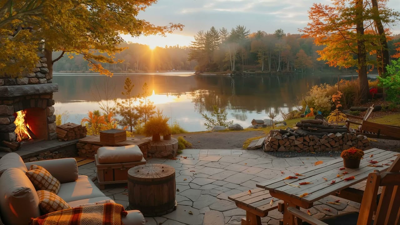Sunset Fireplace Ambience with Gentle Lake Reflections and Nature Sounds to Stress Relief