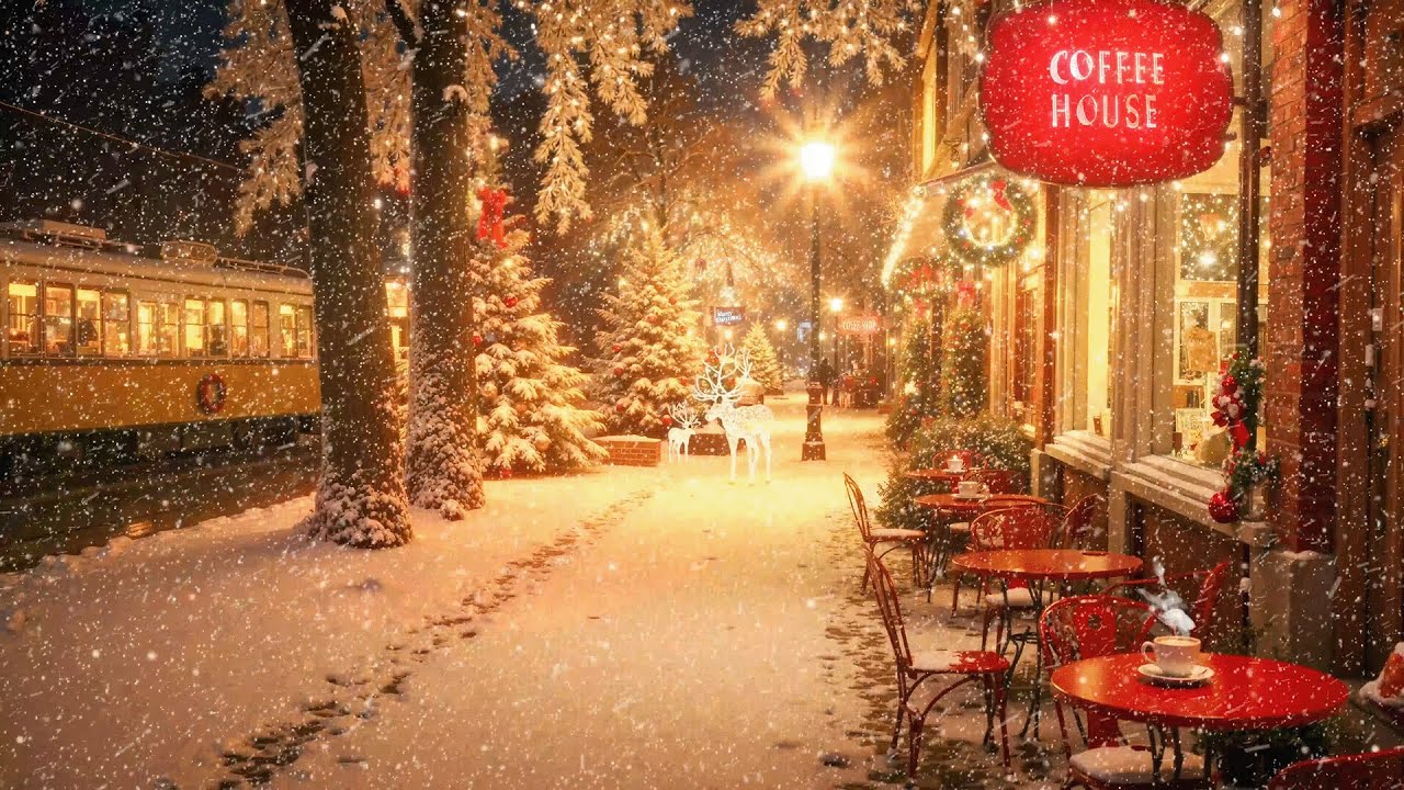 Snowy Winter Café Ambience ❄️ Train Passing, Warm Lights & Gentle Jazz for Study & Peaceful Moments