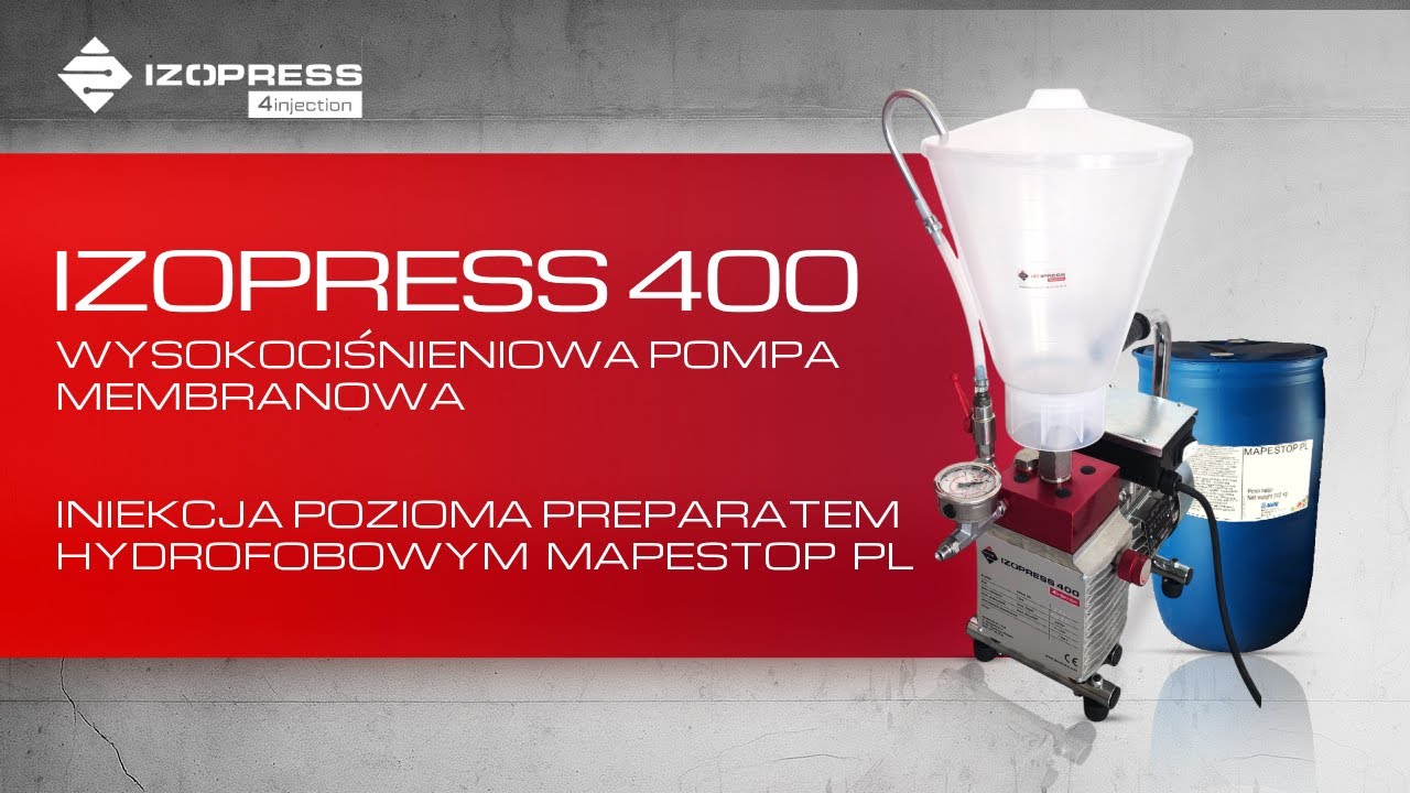 Iniekcja pozioma preparatem hydrofobowym Mapestop Pl - pompą membranową Izopress 400 Izoservice
