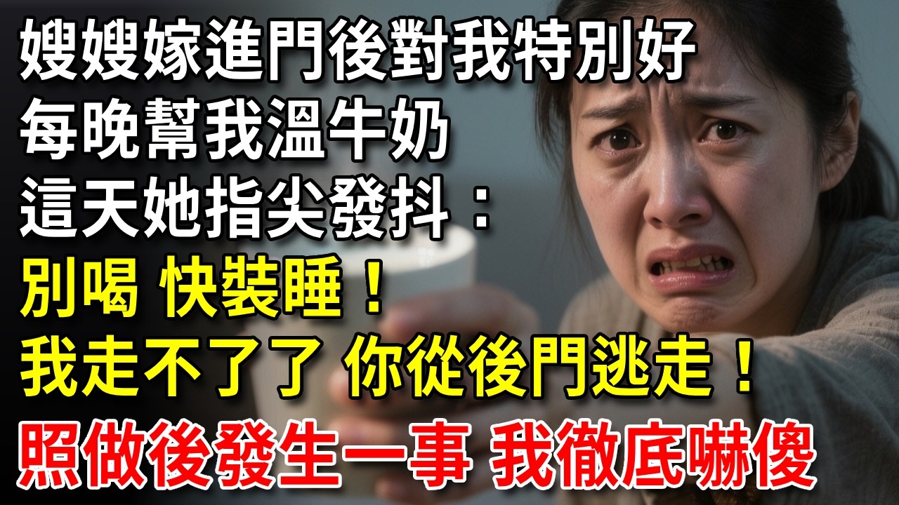 嫂嫂嫁進門後對我特別好，每晚幫我溫牛奶，這天她遞來杯子時指尖發抖：別喝，快裝睡！我走不了了，11點你從後門逃走！次日我在新聞看見一事，徹底嚇傻#中老年生活 #為人處世 #生活經驗 #情感故事