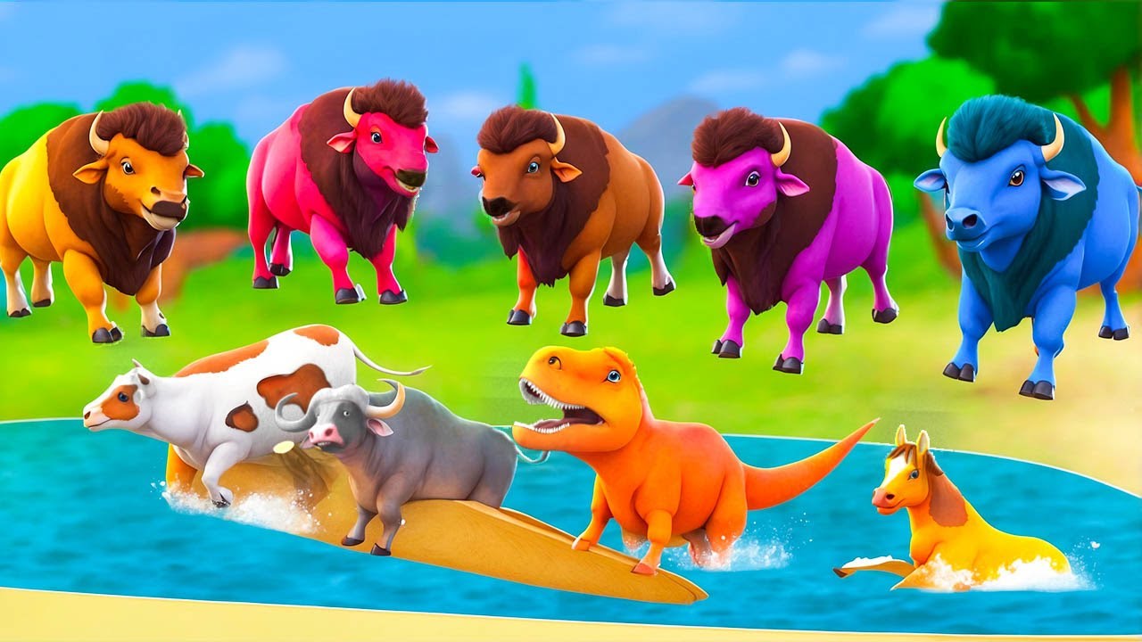 5 Color Bisons Save the Day! Epic Rescue of Cow, Buffalo, T-Rex & Horse