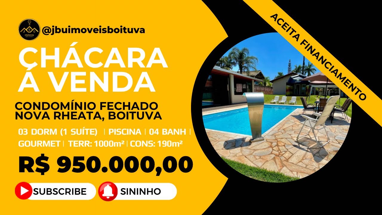 Chácara com Piscina à Venda no Condomínio Nova Rheata em Boituva | 3 Dormitórios | R$ 950 mil