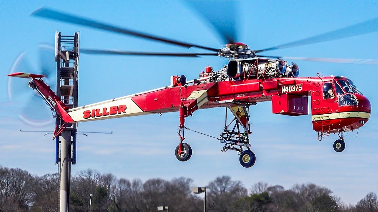 Up-Close S-64E Skycrane Helicopter : Startup, Takeoff, and landing