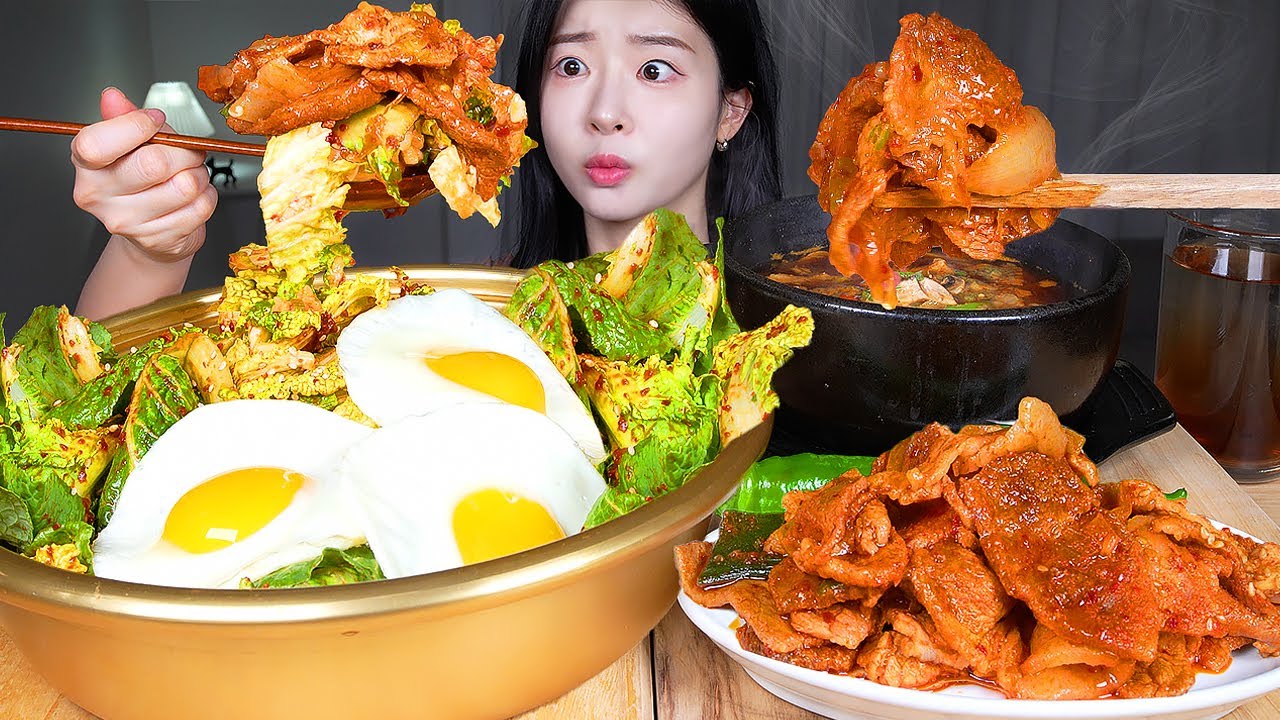 [日本語字幕] ASMR 大食い * 韓国のおうちごはん★春白菜ビビンバ & 豚肉炒め & 味噌チゲ！ 春の旬の食べ物 モッパン 咀嚼音 レシピ