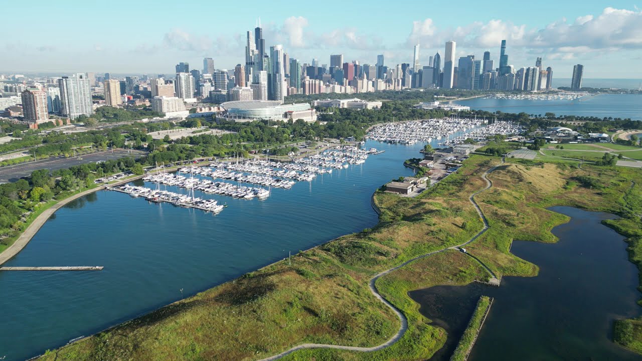 Chicago Skyline from northerly island , old Meigs Field . dji drone 4k