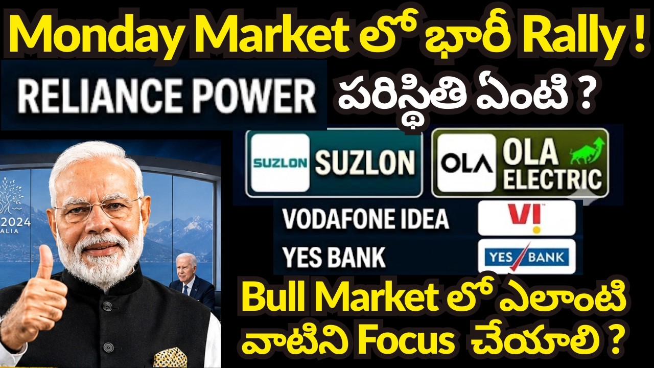 Monday Market లో భారీ Rally! 🚀 Reliance Power, Suzlon, Ola Electric Analysis | Telugu Stock Market